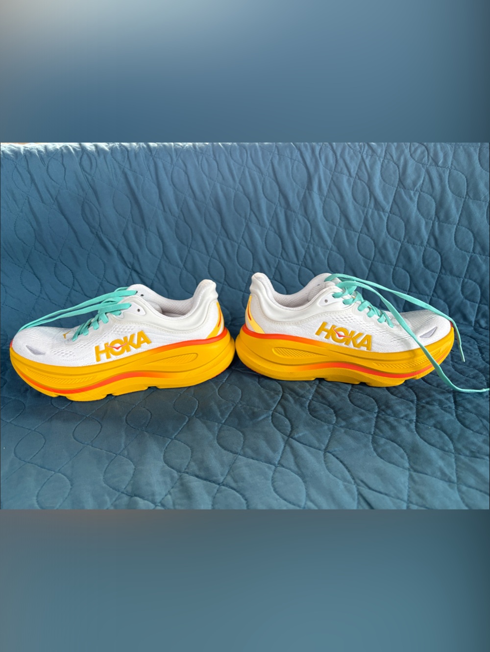 Hoka Kids White Sneakers with Yellow Soles and Teal Laces